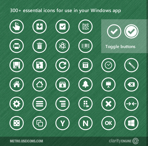 300+ essential icons for use in your Windows app. Includes some on/off toggle states for representing settings.